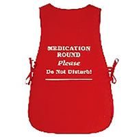 Apron Popover, 43 x 77cm, 190-200GSM, Self-Binding & Ties, 3 Section Pockets, Red with "Medication Round-Do Not Disturb" White Print, Each Each