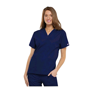 Scrub Shirt, Short Sleeve Top, V-Neck, Side Seam Vent, Patch & Interior Pockets, Unisex, Navy, 26.5", Large, Each Each