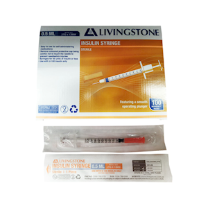 Livingstone Insulin Syringes, 0.5mL, with White Plunger, with Needle 27 Gauge x 0.5 Inch, 13mm, Sterile, Loose Loose