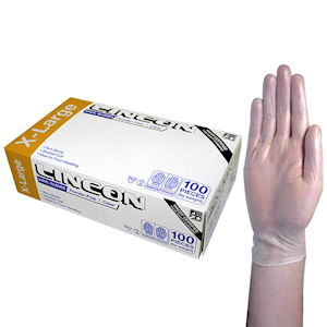 Lincon Vinyl Gloves, Recyclable, 5.5g, Powder Free, Large, Clear, HACCP Grade, 100/Box Box