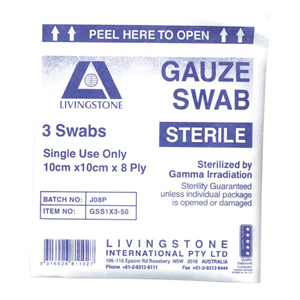 Livingstone Sterile Gauze Swabs, 10 x 10 cm x 8 ply, White, 100 Percent Cotton, 3/Pack, Loose Each