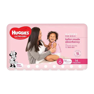 Huggies Ultra-Dry Nappies,Size 6, 16kg & Over,Junior,Girl, 14 Pieces/Pack