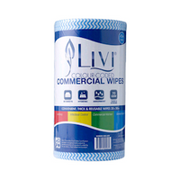 LIVI Essentials Commercial Wipes, 30 x 50cm, 45m, Perforated, Blue, 90 Sheets/Roll, 4 Rolls/Carton Carton