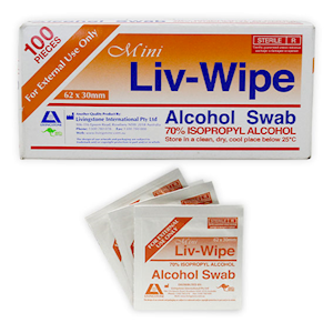 Out of Date, Unopened Condition, Price Discounted, Liv-Wipe Mini Alcohol Swabs Prep Pad 70pct Isopropyl Alcohol Sanitiser 62 x 30mm 100/Box Box