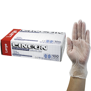 Lincon Vinyl Examination Gloves, Recyclable, 6.5g, Powder Free, Large, Clear, HACCP Grade, 100/Box Box