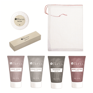 Sofeel Earth Toiletry Kit, with Shampoo, Conditioner, Dental Kit and Pleat Wrap Soap Bar in Mesh Bag with Tie String Kit