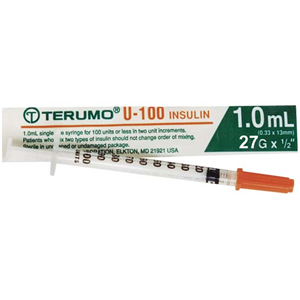 Terumo Insulin Syringes, 1ml, with Needle 27 Gauge x 0.5 Inch, 13mm, Sterile, 100 Pieces/Box Box