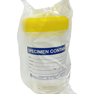 Specimen Sample Container, 60-70ml, Sterile, w/Yellow PE Screw Cap, Labelled, Recyclable PP, Individually Wrapped, 500/Carton Carton