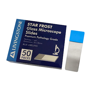 Livingstone Microscope Glass Slide, 76 x 26mm, Thickness: 1mm with Blue Labelling Panel, Ground Edges, 50 Slides/Pack Pack