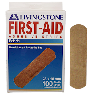 Livingstone Adhesive Fabric First Aid Strips with Pad, 73 x 18mm, Latex Free, Sterile, 25 Pieces/Box Box