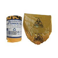 Livingstone Premium Clinical Waste Bags, 52 x 65cm, 27L, 30um, Yellow, 50 Pieces/Roll Roll