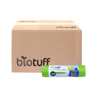Biotuff Council Bin Liners, 140L, 23um, 132 x 90cm, Star Gusset, Biodegradable, Green Opaque, 12 Bags/Roll, 120 Bags/Carton
