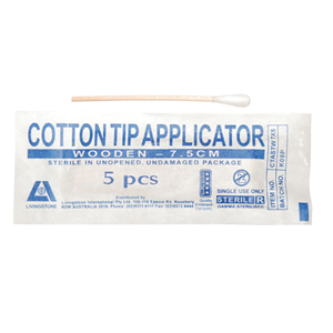 Liv Cotton Tip Applicator, Single Tip, Biodegradable Wooden Stem, 7.5cm, Sterile, 5/Pack, 1000 Packs/Carton, Reverse Opening Carton