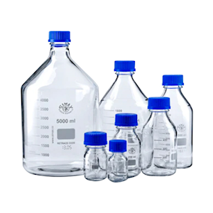 LIV Reagent Bottle, 50ml, GL32, Clear, Blue PP Cap and Outlet Ring, Borosilicate Glass, European, Ea Each