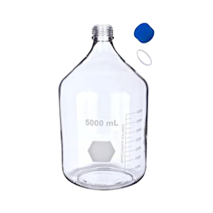 Lincon Lab Reagent Bottle, 5,000mL, 186 x 330(H) mm, GL45, Clear, Blue PP Cap and Outlet Ring, Borosilicate Glass, 1 Piece/Box Box