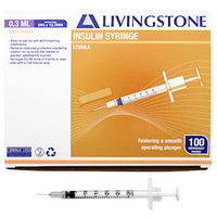 Livingstone Insulin Syringes, 0.3ml, with White Plunger, with Needle 31 Gauge x 0.32 Inch, 8mm, Sterile, 100 Pieces/Box Box