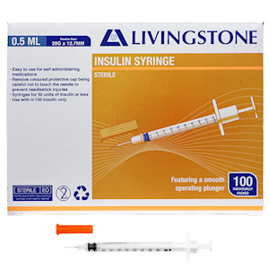 Livingstone Insulin Syringes, 0.3ml, with White Plunger, with Needle 31 Gauge x 0.32 Inch, 8mm, Sterile, 100 Pieces/Box Box