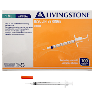 Livingstone Insulin Syringes, 0.3ml, with White Plunger, with Needle 31 Gauge x 0.32 Inch, 8mm, Sterile, 100 Pieces/Box Box