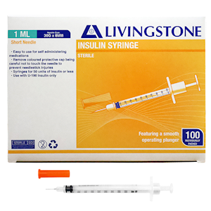 Livingstone Insulin Syringes, 0.3ml, with White Plunger, with Needle 31 Gauge x 0.32 Inch, 8mm, Sterile, 100 Pieces/Box Box
