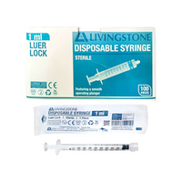 Livingstone Syringe, 1ml, Luer Lock Tip, White Plunger, Polypropylene, Latex Free, Hypoallergenic, Sterile, 100 Pieces/Box