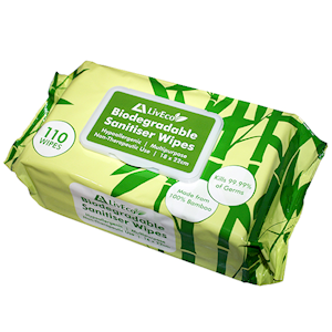 Liv Eco Biodegradable Sanitiser and Disinfectant Wipes, 18 x 22cm, 45GSM, 100pct Bamboo Cross, 110/Pack, 4 Packs/Box Box
