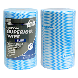 Lincon Superwipe Microfibre Cleaning Wipes, Heavy Duty, 30cm Width, Perforated/50cm, 45m, Blue HACCP Cert, 90 Sheet/Roll, 4 Rolls/Carton Carton