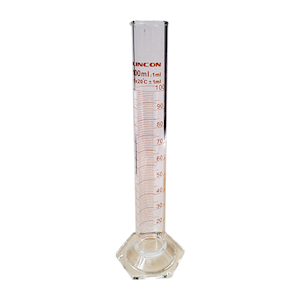 Lincon Measuring Cylinder with Hex Base and Spout, Tall Form, Class A, 100mL, 32 x 240(H) mm, Amber Stain Grad, Boro Glass, 1/Box Each