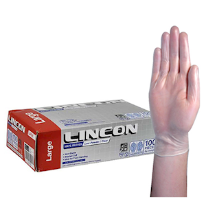 Lincon Vinyl Gloves, Recyclable, 5.5g, Low Powder, Large, Clear, HACCP Grade, 100/Box Box