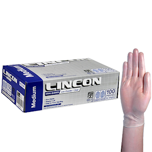 Lincon Vinyl Gloves, Recyclable, 5.5g, Low Powder, Large, Clear, HACCP Grade, 100/Box Box