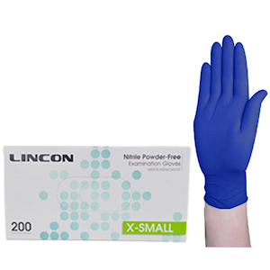 Lincon Nitrile Examination Gloves, ASTM Standard, Powder Free, EN374, Extra Small, Cobalt Blue, HACCP Grade, 200 Pieces/Box 2000/Carton Carton