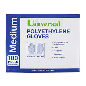 Out of Date, Universal Polyethylene Gloves, Medium, Recyclable, Latex Free Clear 100/Pack 2,500/Carton Price Discounted While Stocks last