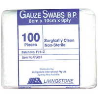 Livingstone Gauze Swabs, 8 x 10 cm x 8 Ply, White, 100 Percent Cotton, Surgically Clean, Non-Sterile, Loose Each