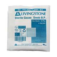 Livingstone Gauze Swabs, 10 x 10 cm x 8 ply, 100 Percent Cotton, Sterile, White, 5 Pieces/Pack, 500 Packs/Carton Carton