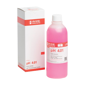 Hanna Instruments Standard Calibration Buffer Solution, Red Dyed, 4.01pH Value @ 25degC, 0.01pH, 500mL Bottle with Tamper-Proof Seal, Each Each