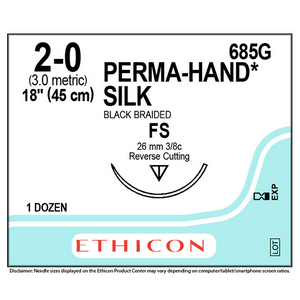 685G Ethicon PERMAHAND Silk Suture, Size 2-0, Length 18", Black Braided, FS Needle, Reverse Cutting, Non Absorbable, 12/Box Box