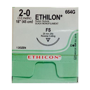 664G Ethilon Nylon Suture, Size 2-0, Length 18", Black Monofilament, FS Needle, Reverse Cutting, Non Absorbable, 12/Box Box