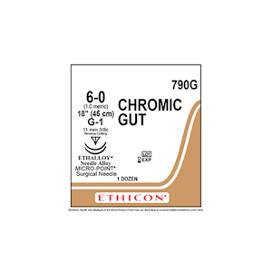 Johnsons and Johnsons Ethicon Surgical Chromic Gut Sutures, Undyed, 45cm, 6-0 G-1 11mm, 12/Box Box