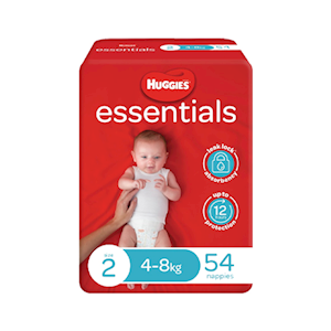 Huggies Essential Nappies Infant Size 2 (4-8kg), Unisex, 12 Hours Absorbency, 54 Pieces/Pack, 4 Packs/Carton Carton