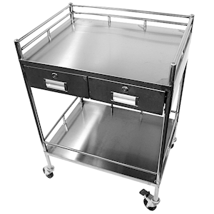 Damaged, Stainless Steel Trolley, 650L x 490W x 900H mm, with Two Drawers, Side By Side 47L x 29.5W x 11H cm, Each