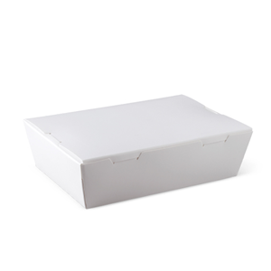 Detpak Cardboard Lunch Box, 195 x 140 x 65mm, Poly-lined with Preformed Lid, Leakproof, Large, White, 200/Carton Carton