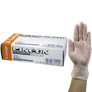 Lincon Vinyl Examination Gloves, Recyclable, 6.5g, Powder Free, Large, Clear, HACCP Grade, 100/Box Box