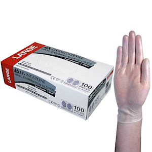 Livingstone Vinyl Examination Gloves, Recyclable, 6.5g, Low Powder, Large, Clear, HACCP Grade, 100/Box Box