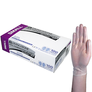 Livingstone Vinyl Examination Gloves, Recyclable, 6.5g, Low Powder, Large, Clear, HACCP Grade, 100/Box Box