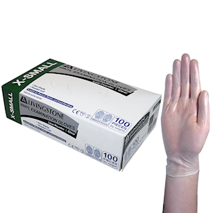 Livingstone Vinyl Examination Gloves, Recyclable, 6.5g, Low Powder, Large, Clear, HACCP Grade, 100/Box Box
