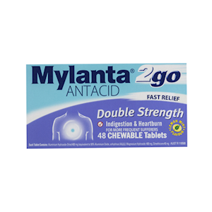 Mylanta 2Go Antacid Double Strength Tablets, Lemon Mint Flavour, 48 Tablets/Pack Pack