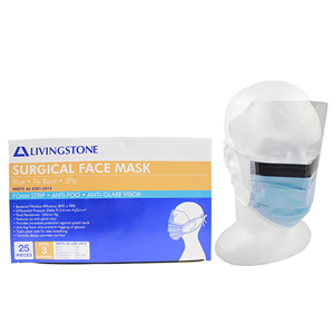 Face Mask w/ Visor, 3-Ply, Lvl 3, w/ Foam Strip, Fog Free, Anti-Splash, Anti-Glare, TieBack, Non-Therapeutic, Indigo, No Fibreglass 25/Bx Box