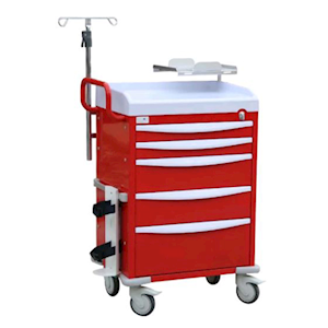 Quattro Emergency Cart, 750(W) x 500(D) x 1060(H)mm, With accessories included such as: IV Pole, Rotating Defibrillator Shelf, Oxy Cylinder Holder, Backboard, Red, Each Each