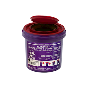 Liv Needles Sharps Waste Collector, 1.4 Litres, with Clip Lid & Finger Guard Round Recyclable Plastic Purple, Fit Bracket DSSBTW2, 20/CTN Carton