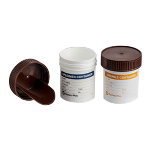 Specimen Containers 70ml, Brown Cap with Spoon, Recyclable Polypropylene, Labelled, Sterile, 550/Carton Carton