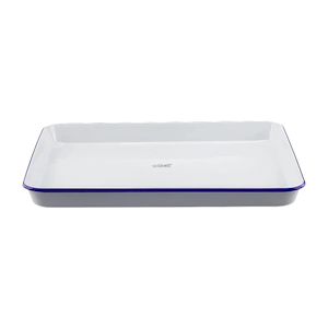 Falcon Enamel Tray, White, Blue Rim, 41(L) cm x 32(W) cm x 3.5(H) cm, Scratch Resistant, Up to 270degC (530degF), Each